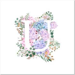 botanical monogram alphabet U hydrangea flowers Posters and Art